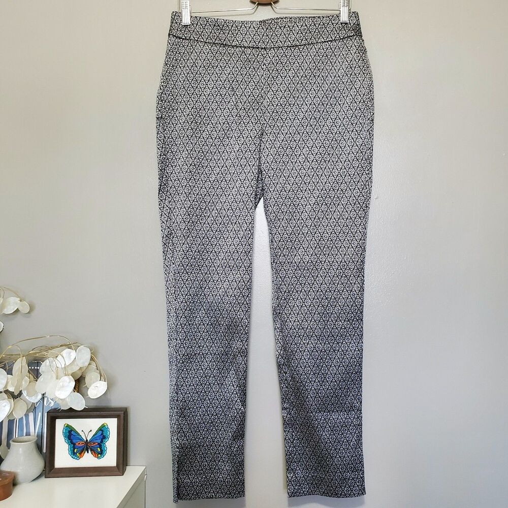 Chico's Pants Womens Size 6 Metallic Black Silver Jacquard Diamond Ankle New